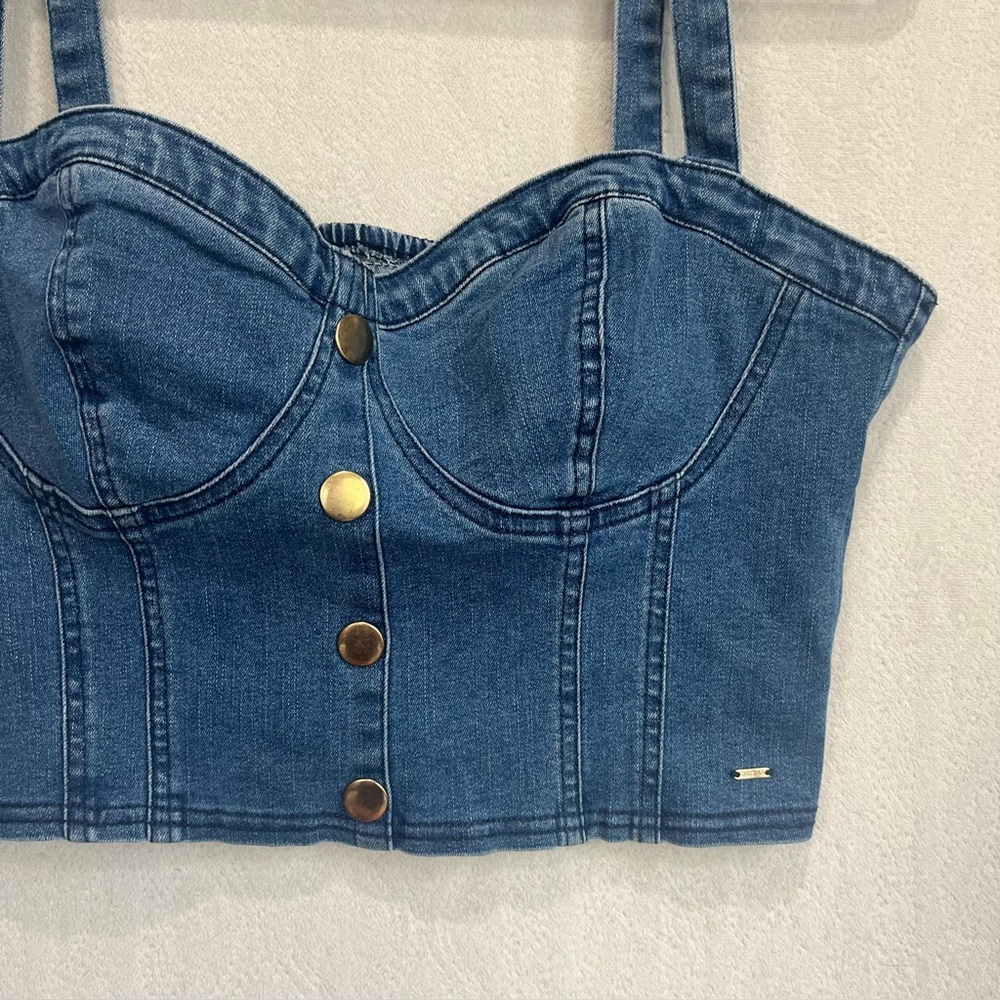 Y2K Guess Fitz Cathy Denim Bustier Top Sz Large Vintage Inspired Gold Buttons - Picture 6 of 13